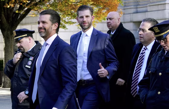 Donald Trump Jr. and Eric Trump arrive at New York Supreme Court for the fraud trial of the Trump Organization on Nov. 2, 2023.
