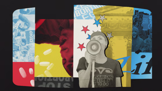 Photo illustration of abortion rights supporters and opponents protesting in the United States; the Supreme Court in Washington; and abortion medications.