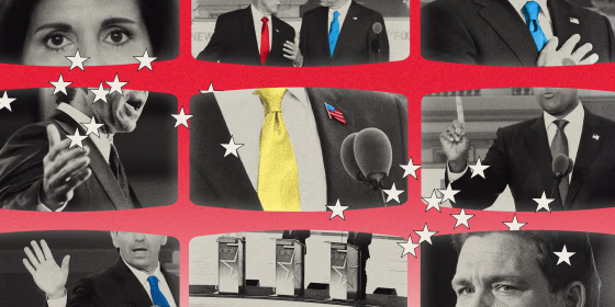 Photo illustration of Republican presidential candidates gesturing and speaking at previous debates.