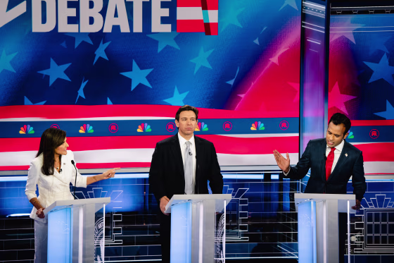 Nikki Haley, Ron DeSantis and Vivek Ramaswamy at the NBC News hosts the third Republican presidential primary debate at the Adrienne Arsht Center for the Performing Arts in Miami, Florida, on Wednesday, November 8, 2023.
