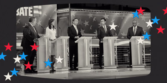 The Republican presidential candidates at a debate hosted by NBC News in Miami inside of a TV screen shape with scattered red, white and blue stars.