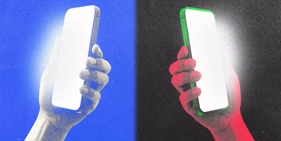 Photo Illustration: Two hands holding iPhones; one is blue and white and one is black, red, and green