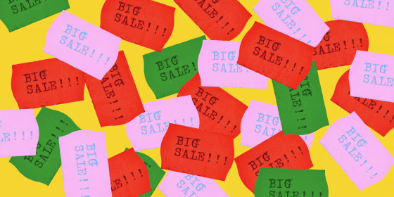 Assortment of colorful price stickers that read "Big Sale!!!"