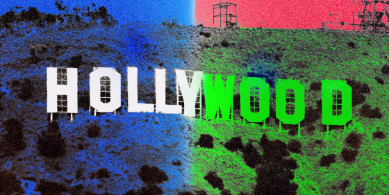 Photo Illustration: An image of the Hollywood sign split in half — the left half with the Israeli flag colors (blue and white) and the right with the Palestinian flag colors (black, green, and red)