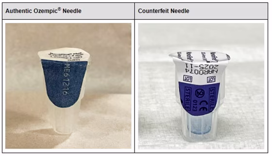 An authentic Ozempic needle and a counterfeit needle. 