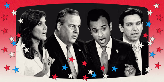 Photo illustration of Nikki Haley, Chris Christie, Vivek Ramaswamy, and Ron DeSantis