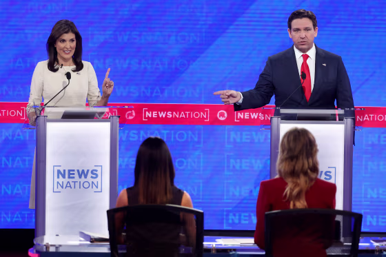 Nikki Haley, left, and Ron DeSantis at the NewsNation Republican Presidential Primary Debate in Tuscaloosa, Ala.