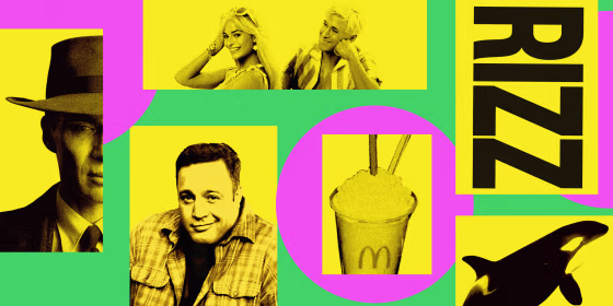 Photo illustration collage of Oppenheimer, Barbie, Kevin James, McDonald's shake, orca whale, and the word "Rizz" 