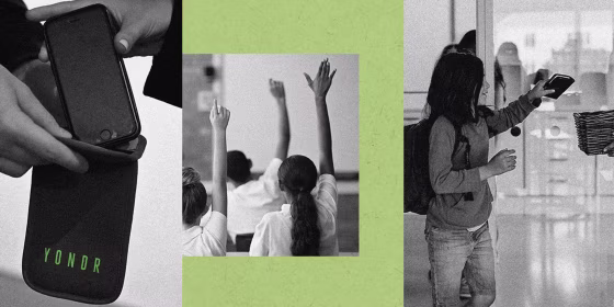 Image: Photo illustration of Yondr pouches and middle school students.
