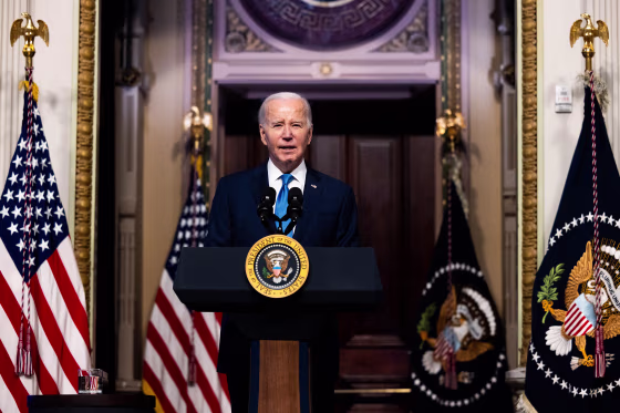 President Biden speaks at a National Infrastructure Advisory Council meeting.