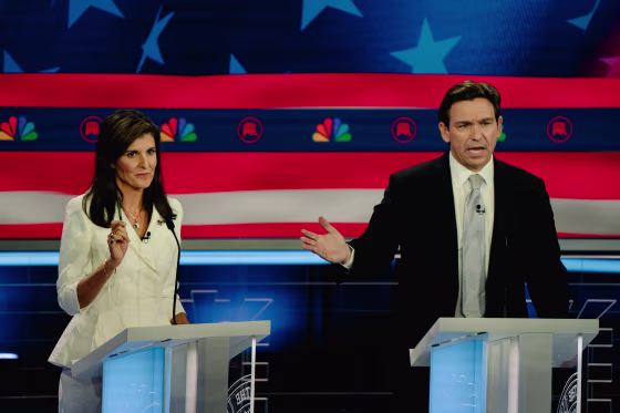 Former United Nations Ambassador Nikki Haley and Florida Gov. Ron DeSantis at the third Republican presidential primary debate in Miami on Nov. 8, 2023.