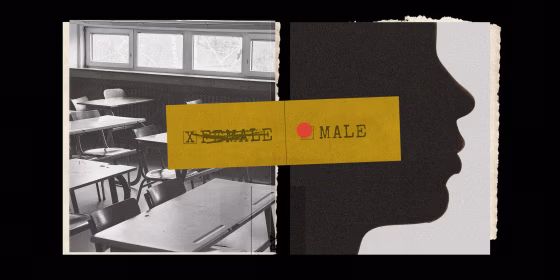 Photo collage of a classroom, a silhouette of a face, and a piece of paper labelled "Female/Male" with "Female" crossed out