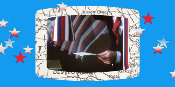 Photo of man holding ballot on top of Iowa map