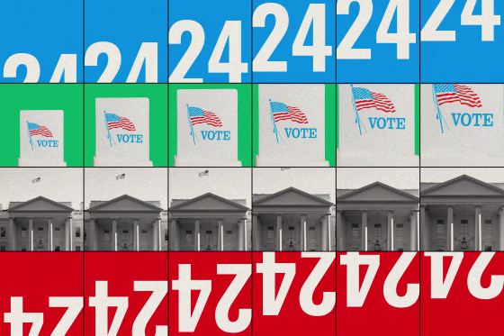 Photo illustration of repeated voting booths, "24," and the White House, all growing in size.