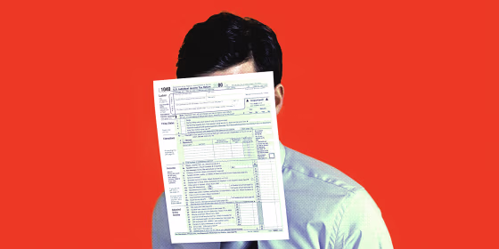 Photo illustration of a 1040 form covering man's face