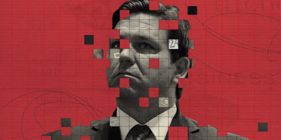 Ron DeSantis pixelated with squares flying away 