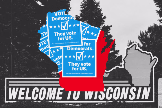 Photo illustration of Wisconsin state outline filled with yard signs that read "Vote democrat"