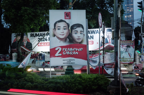 Campaign posters of presidential candidate and Indonesia's Defence Minister Prabowo Subianto and vice presidential candidate Gibran Rakabuming Raka, in Jakarta,