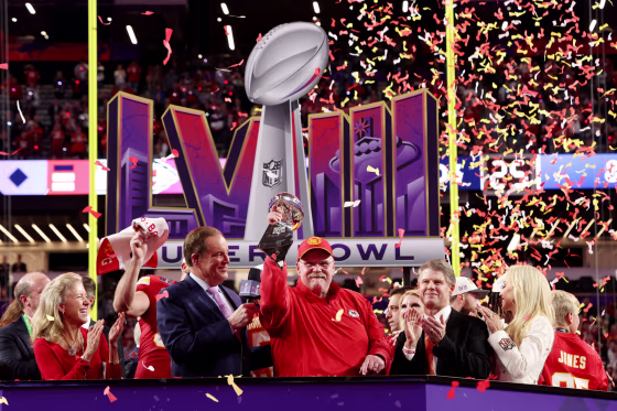 Head coach Andy Reid of the Kansas City Chiefs holds the Lombardi Trophy after defeating the San Francisco 49ers 25-22 in overtime during Super Bowl LVIII at Allegiant Stadium on Feb.11, 2024 in Las Vegas.