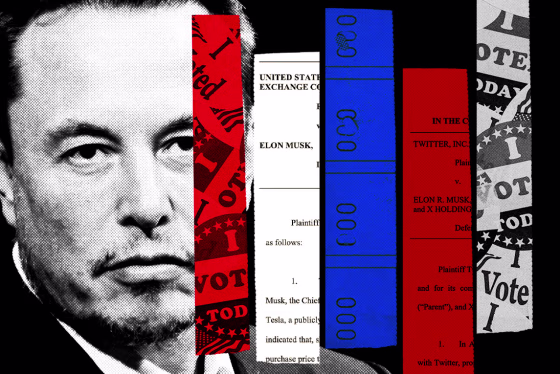 Photo Illustration: Elon Musk with election paraphernalia and legal documents