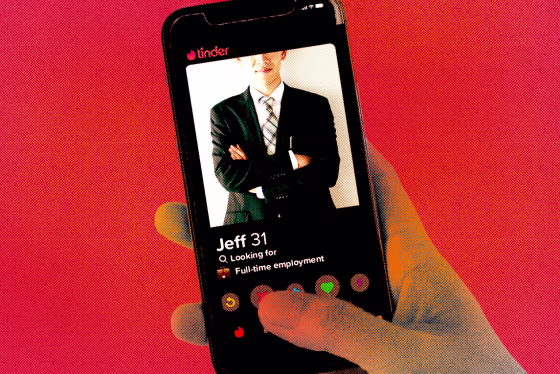 Photo Illustration: A man's Tinder profile reads "Looking for Full-tim employment"