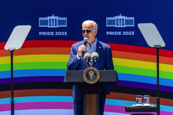 President Joe Biden speaks at the Pride Month celebration on the South Lawn.