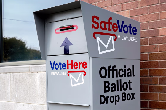 A SafeVote official ballot drop box for mail-in ballots.