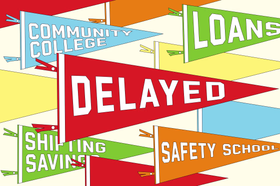 Photo Illustrations: Collegiate pennants that read "Delayed," "Community College," "Shifting Savings," "Safety School" and "Loans"