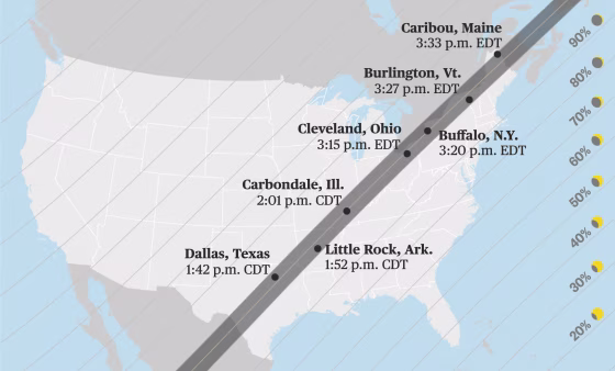The path of totality for the solar eclipse on April 8, 2024.
