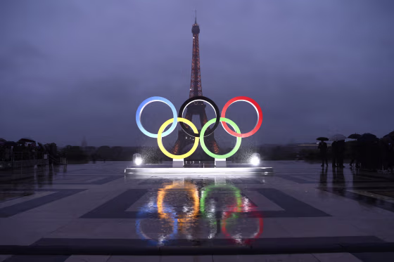 The Olympic rings on the Trocadero Esplanade near the Eiffel Tower in Paris