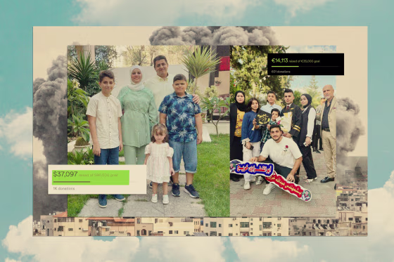 Photo collage of families in Gaza, a bombing in the Gaza Strip in 2023, and a blue sky and clouds.