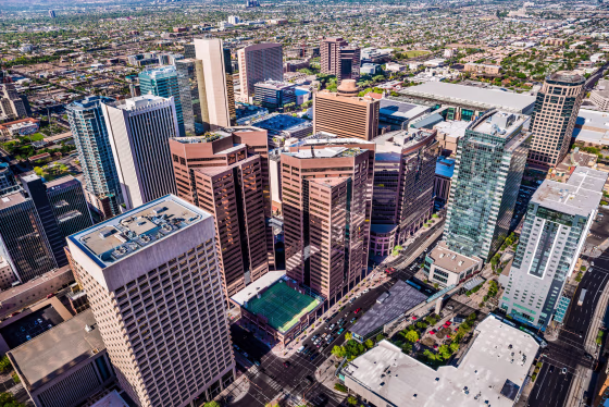 Phoenix Arizona, looming aerial view of downtown cityscape skyline skyscrapers
