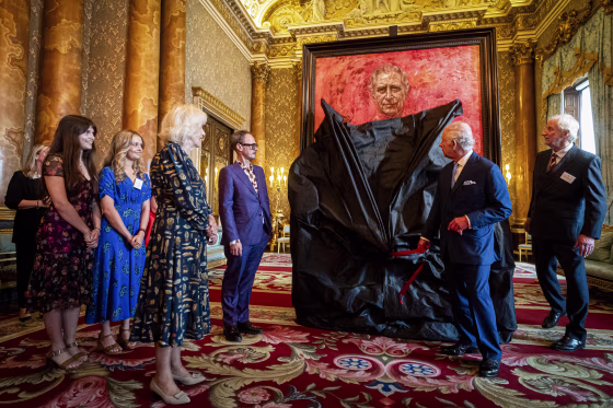 King Charles III and Queen Camilla at the unveiling of artist Jonathan Yeo's portrait.