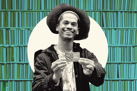 Photo illustration of librarian Mychal Threets holding up a NYPL card 