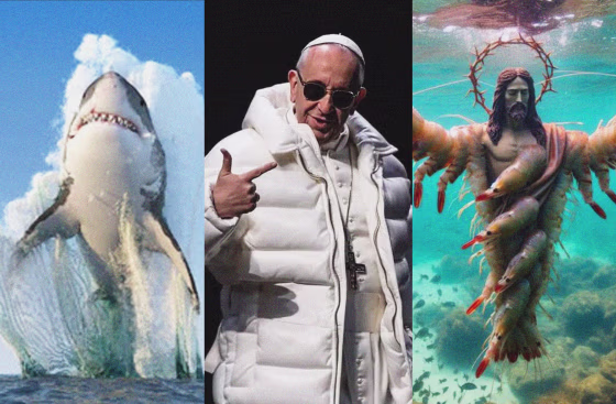 Photo Illustration: AI-generated images of a shark jumping out of the ocean, Pope Francis in a puffer jacket, and an underwater sculpture of Jesus Christ made out of shrimp