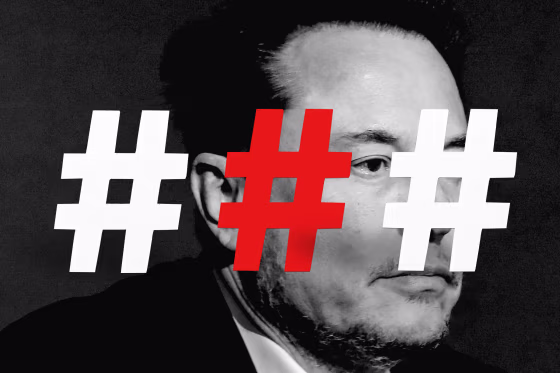 Photo illustration of Elon Musk's face covered with hashtag symbols