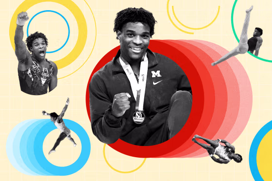 Images of Freddie Flips performing gymnastics moves surrounded by Olympic rings in various colors.