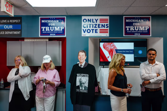 Volunteers gather at an RNC poll training event in Bloomfield Hills, Mich., 