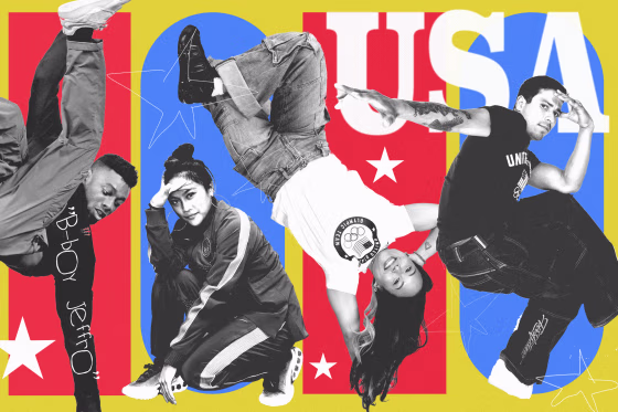 Photo collage of Olympic breakers: Jeffrey "B-boy Jeffro" Louis, Logan Edra, Sunny Choi, and Victor “B-boy Victor” Montalvo