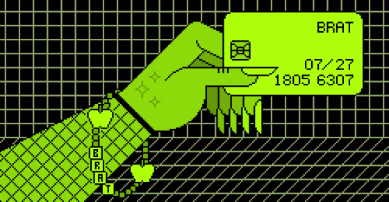 Photo Illustration: A woman's hand holding a green credit card that says "Brat"