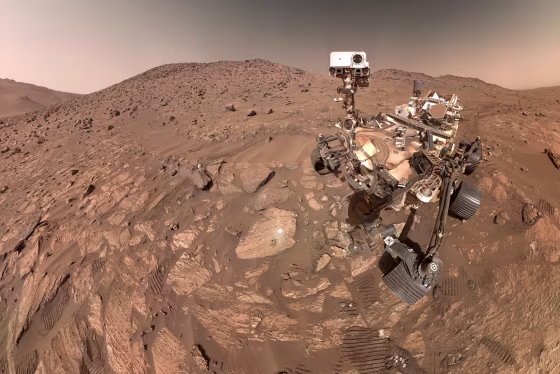 NASA’s Perseverance Mars rover took this selfie, made up of 62 individual images, on July 23. A rock nicknamed “Cheyava Falls,” which has features that may bear on the question of whether the Red Planet was long ago home to microscopic life, is to the left of the rover near the center of the image.