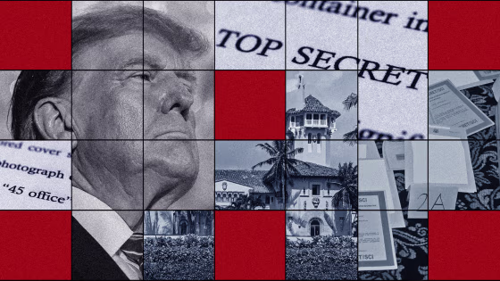 Photo illustration of scenes from Mar-a-Lago featuring Trump's residence in Mar-A-Lago, Donald Trump at an election-night watch party, pages from a Department of Justice court filing and documents seized during the Aug. 8 search of Mar-a-Lago.
