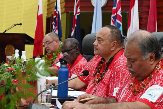 From left: Prime Minister of Cook Islands Mark Brown, Prime Minister of Solomon Islands Jeremiah Manele, Prime Minister of Tonga Hu'akavameiliku Siaosi Sovaleni and Pacific Islands Forum Secretary General Baron Waqa during the 53rd Pacific Islands Forum Leaders Meeting, Tonga on August 30, 2024. 