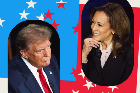 Kamala Harris and Donald Trump at the debate, surrounded by stars