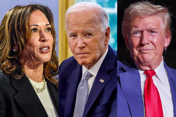 A split composite of Harris, Biden and Trump.