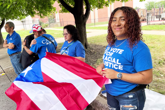 Jackeline, a first-time voter, joined a group of canvassers from CASA in Action in Lancaster, Pa., on Saturday.
