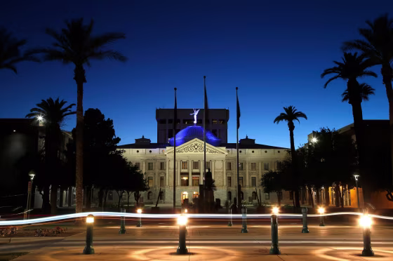 Arizona State Capitol building at night. 