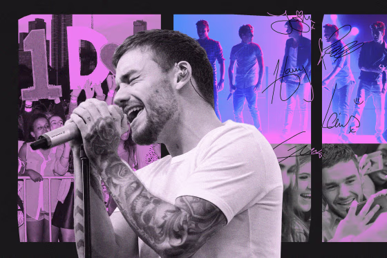 Collage of photos of Liam Payne performing and with fans; One Direction fans; One Direction on stage.