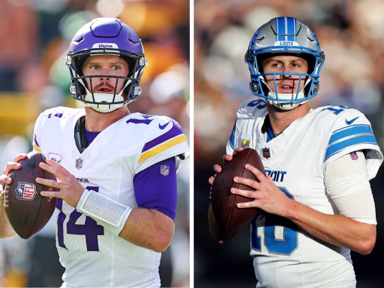 A side by side split image of Sam Darnold and Jared Goff.