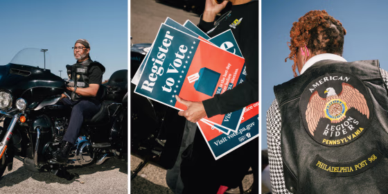 The Rev. Dr. Alyn E. Waller, left, of Enon Tabernacle Baptist Church, leads the Black Men Vote Black Motorcycle Rally and Voter Registration Event in Philadelphia on Saturday. Darlena Ward, right, attended the rally. 